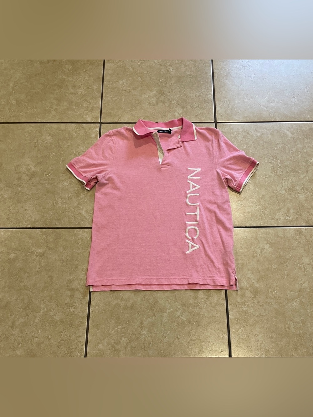 Nautica Men’s Pink Polo with White “Nautica” & Trim Size Small